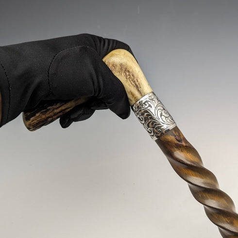 Around 1895 British Antique Men's Walking Stick Antler Clutch Handle Twist Shaft 85cm